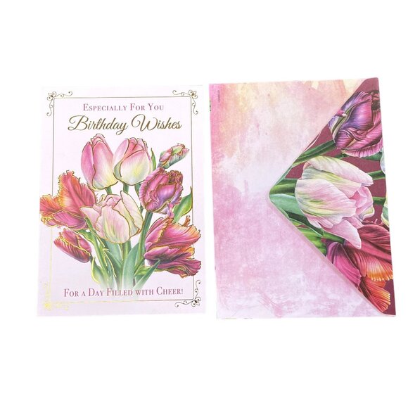 Tulips Birthday Wishes Card Gold Foil Outline Envelope Included A7 u Greeting Ca - Picture 3 of 4